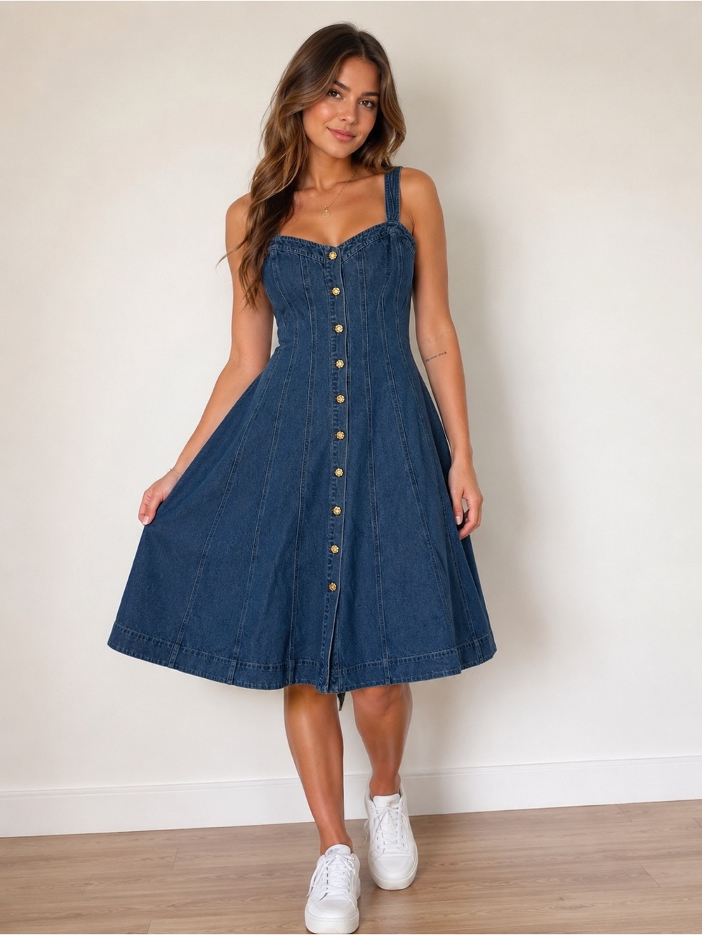 Denim Midi Button-Front Dress in Dark Blue
